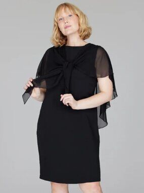 Emmelle Silk Dress w/Attached Chiffon Capelet Black S Luxury Designer